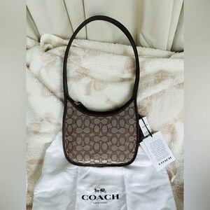 Coach Brown Signature Jacquard Crescent Shoulder Bag with Dark Brown Trim